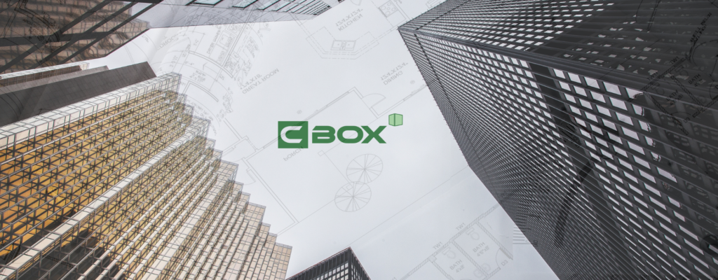CBOX logo over architect sketch and buildings
