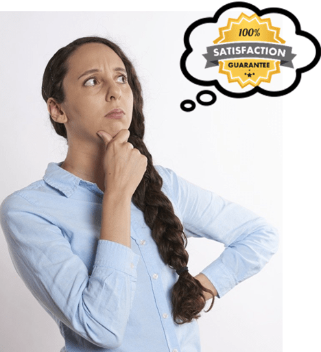 woman thinking. bubble says 100% satisfaction guarantee